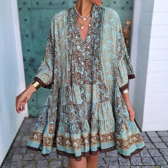 Damen nan luftiges Boho-Stufenkleid mit V-Ausschnitt weiten Fledermausärmeln und Spitzenbordüre R&B