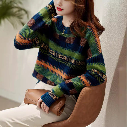 Damen Gemusterter Strickpullover mit Rundhalsausschnitt und weich-flauschiger Textur R&B