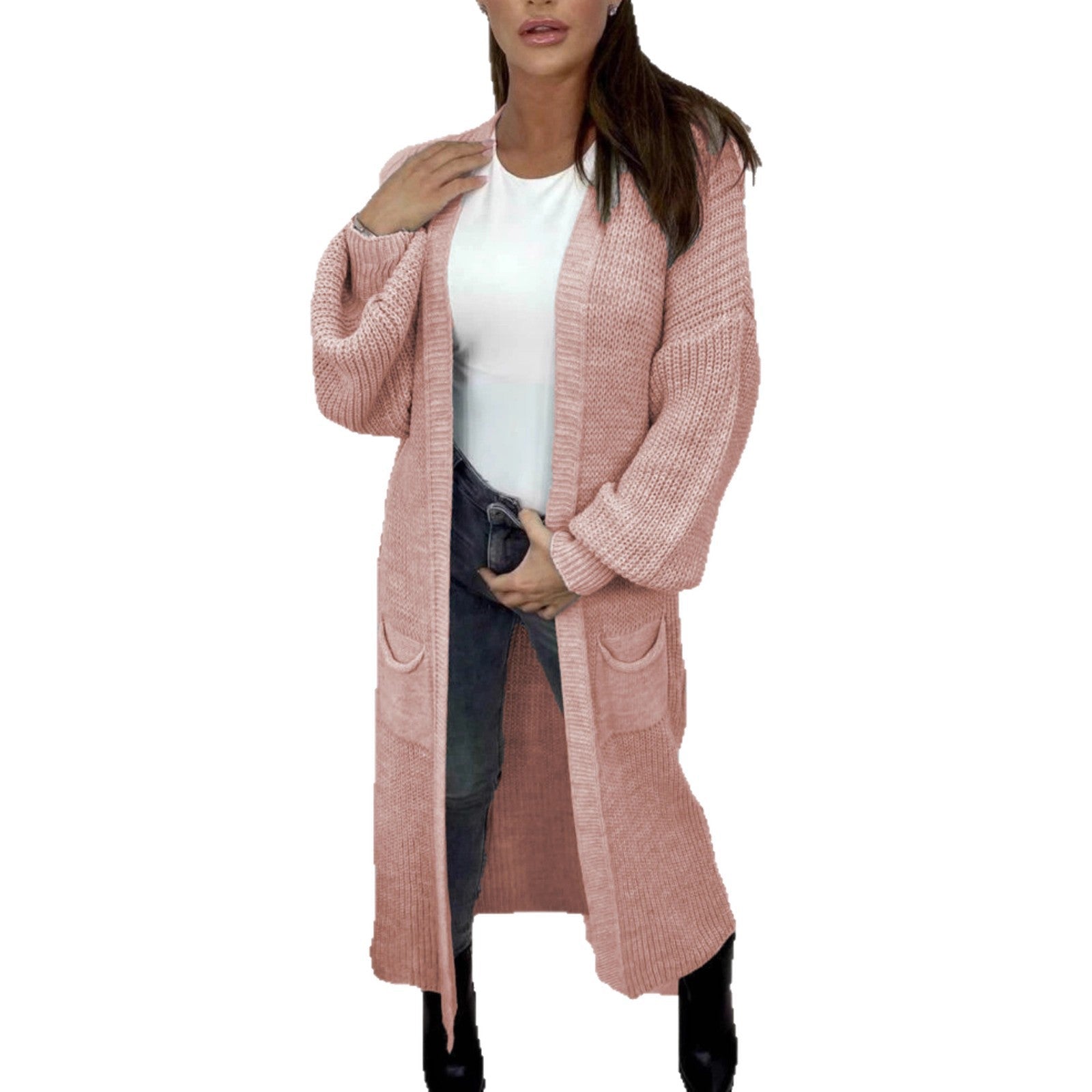 Damen Langer Strickcardigan mit strukturierter Maschenoptik und praktischen Taschen R&B