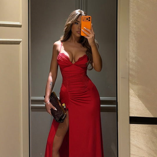 Damen Elegantes Cocktailkleid mit tiefem V-Ausschnitt und figurbetonender Raffung R&B