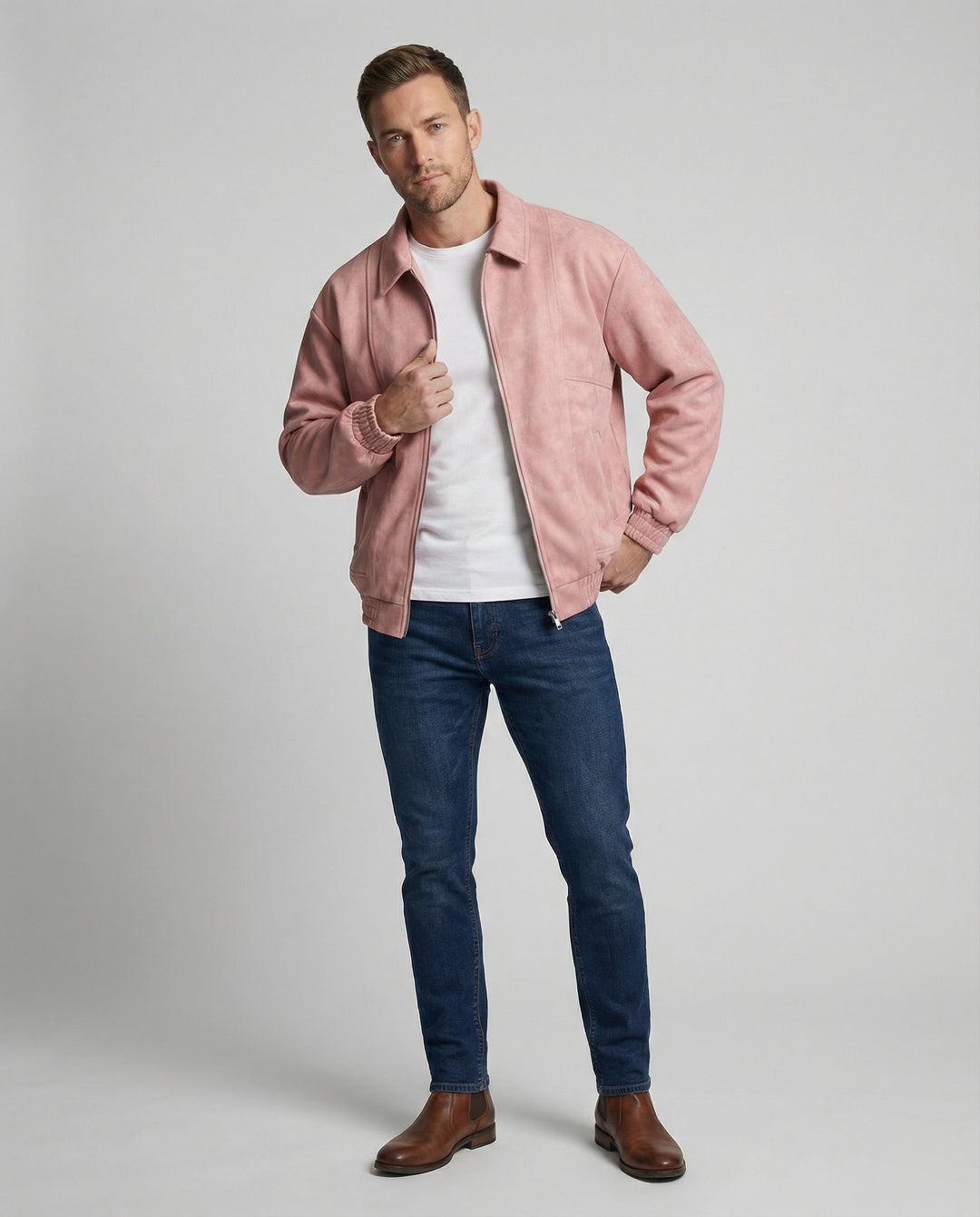 Herren lockerer Blouson aus Lederimitat mit verdecktem Reißverschluss und elastischen Bündchen R&B