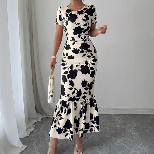Damen Elegantes figurbetontes Kleid mit Rüschen-Saum und floralem Muster R&B