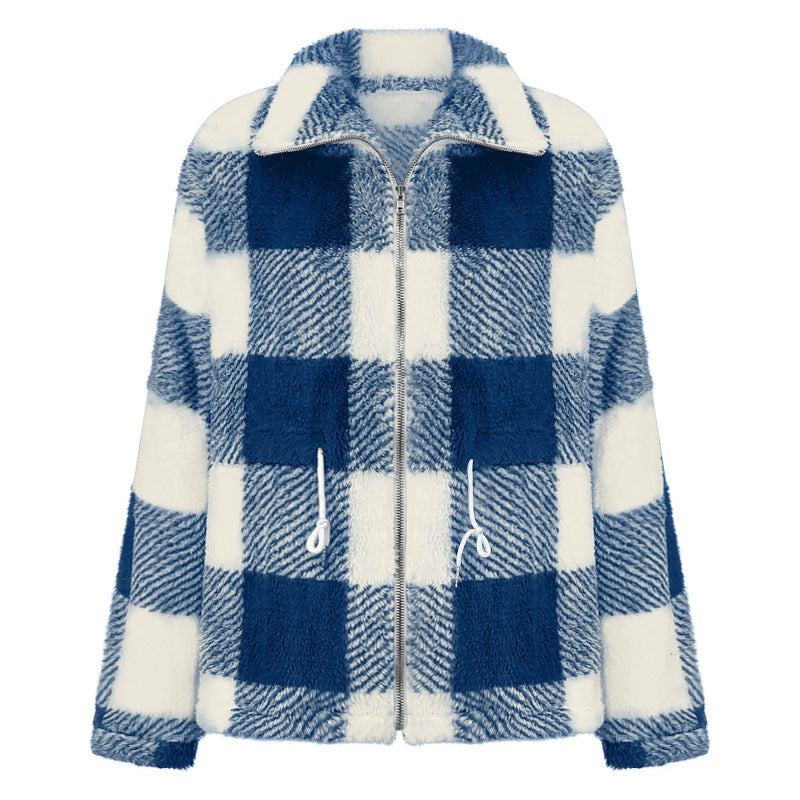 Damen kuschelige Oversize-Jacke mit kariertem Muster R&B