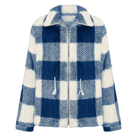 Damen kuschelige Oversize-Jacke mit kariertem Muster R&B