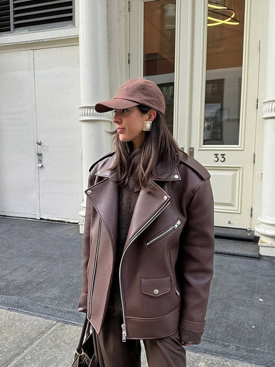 Damen Kunstleder Bikerjacke mit erhöhtem Kragen und elegantem Schnitt R&B
