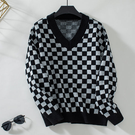 Damen lässiger V-Ausschnitt Pullover mit Karo-Muster und lockerer Passform R&B