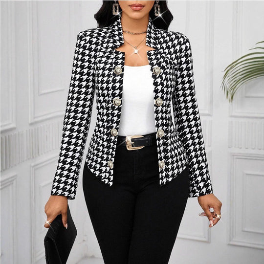 Damen Elegante Blazerjacke im Hahnentritt-Muster mit glänzenden Knöpfen R&B