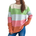Damen lässiger Strickpullover mit bunten Blockstreifen und weitem Schnitt R&B
