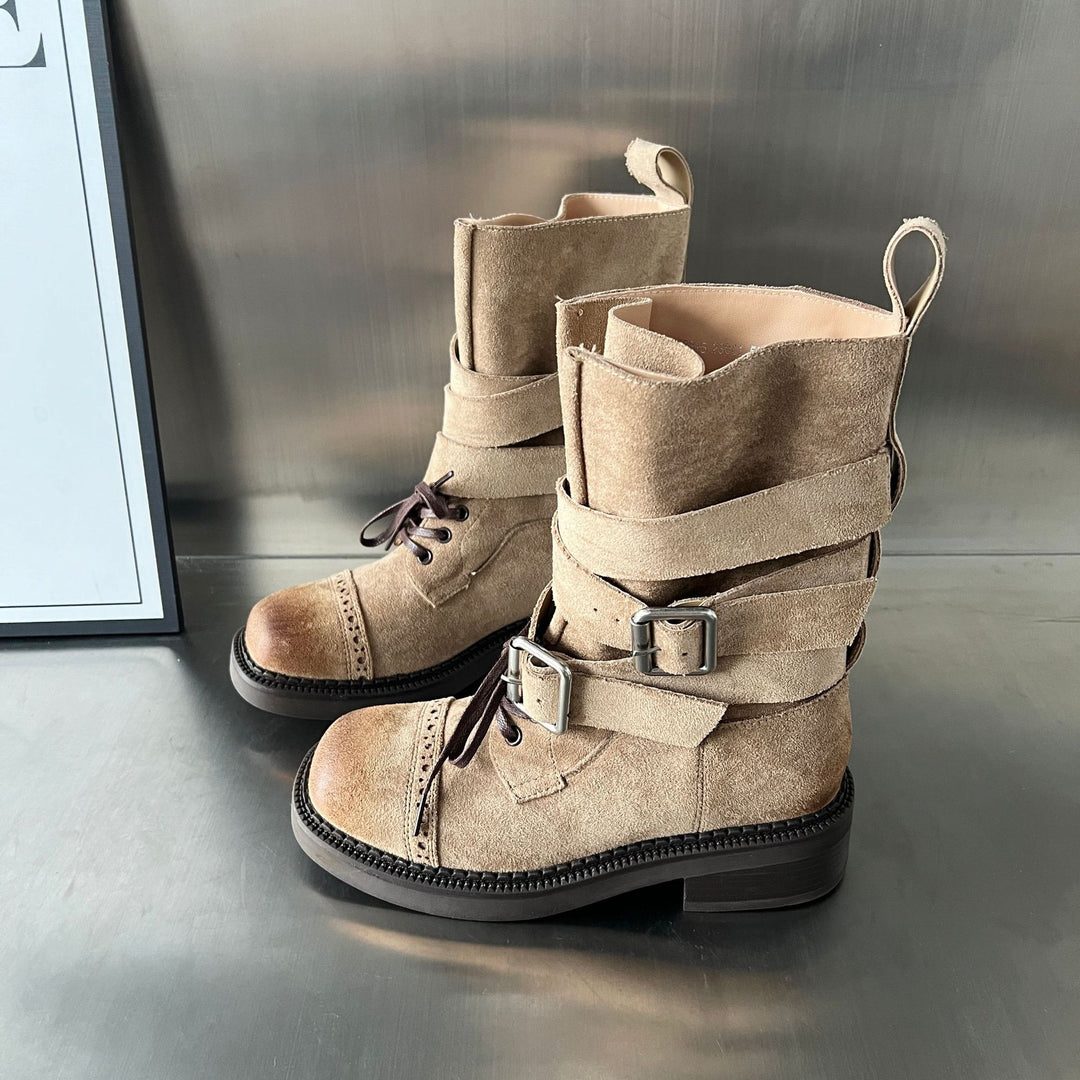 Damen elegante Stiefel mit modischen Schnallen und verstellbaren Riemen R&B