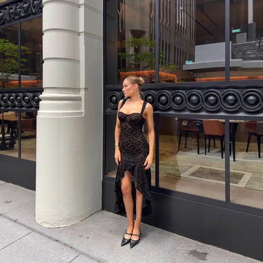 Damen Spitzenmaxikleid mit tiefem Schlitz und Detailverzierungen R&B