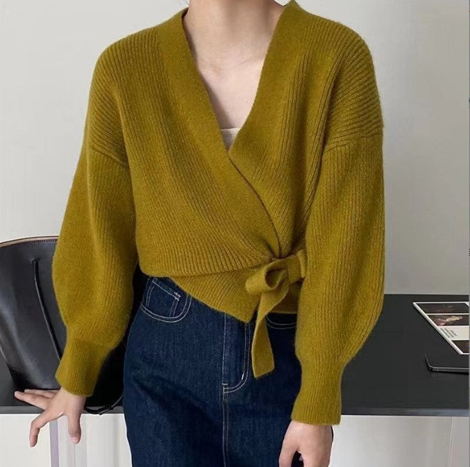 Damen Wickelstrickjacke mit weit geschnittenen Ärmeln und Taillengürtel R&B