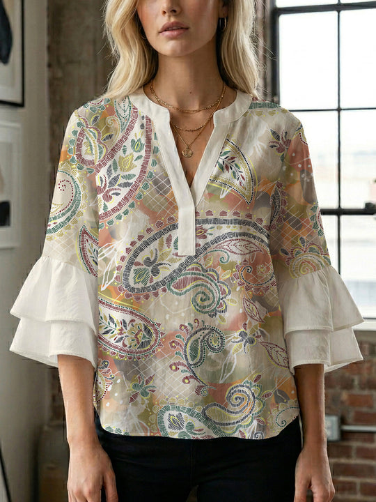 Damen Bluse mit voluminösen Rüschenärmeln und kreativem Floraldesign R&B