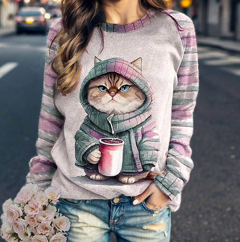 Damen nan lässiges Sweatshirt mit großem Kätzchen-Frontprint und gestreiften Raglanärmeln R&B