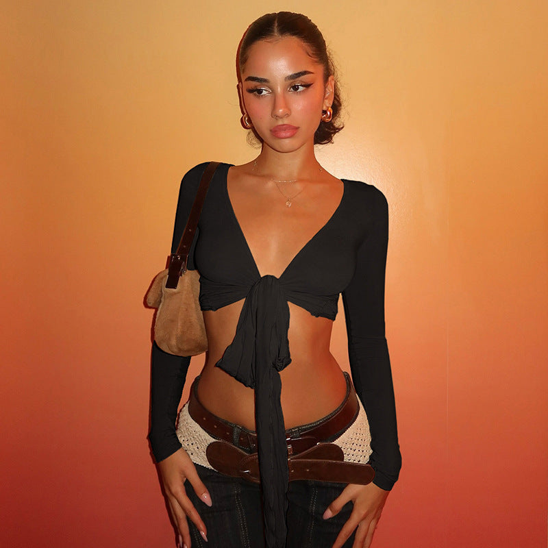 Damen Crop-Top mit verspieltem BindR&Band und langen Ärmeln R&B