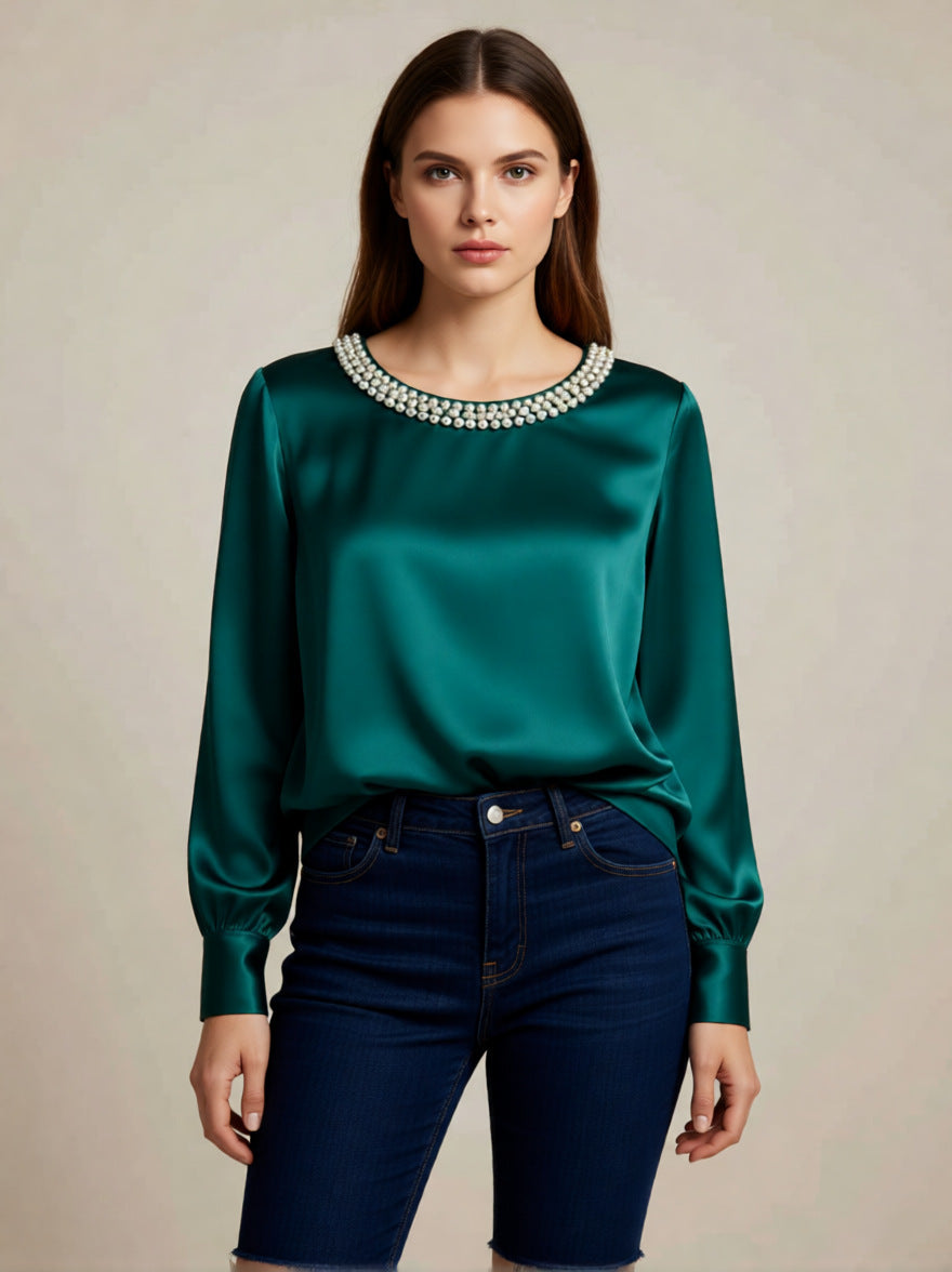 Damen elegante satinierte Bluse mit Perlenkragen R&B