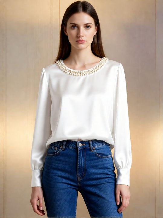 Damen elegante satinierte Bluse mit Perlenkragen R&B