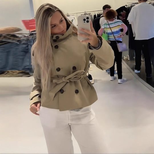 Damen stylische Übergangsjacke mit hohem Kragen und Taillengürtel R&B