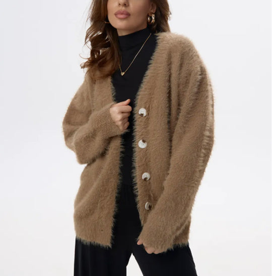 Damen Flauschiger Cardigan mit Perlknöpfen und lockerer Passform R&B