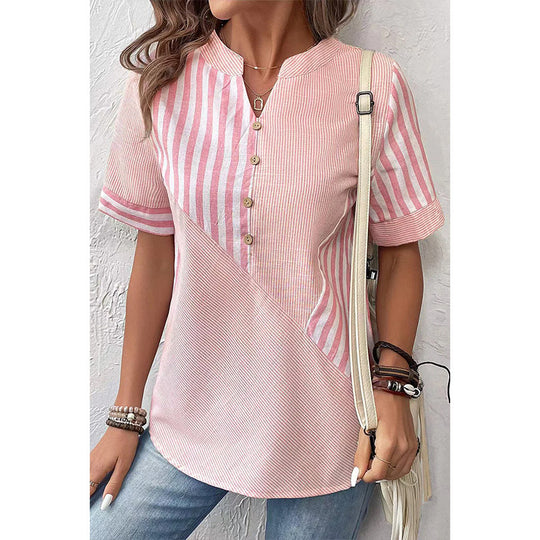Damen Kurzarm Blusenshirt im gestreiften Design mit Knopfdetails R&B