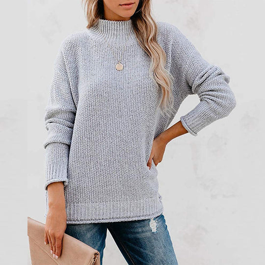 Damen Grobstrickpullover mit hohem Kragen und lässigem Schnitt R&B