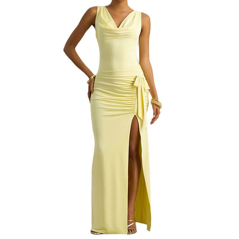 Damen Elegantes Maxikleid mit tiefem V-Ausschnitt und seitlicher Raffung R&B