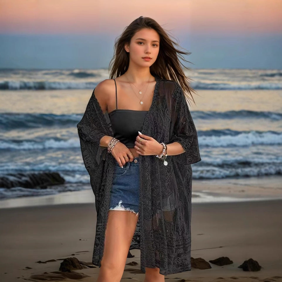 Damen romantischer Häkel-Strandüberwurf R&B