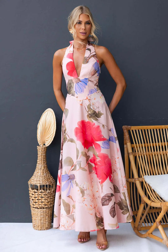 Damen Maxikleid mit tiefem V-Ausschnitt und floralen Akzenten R&B