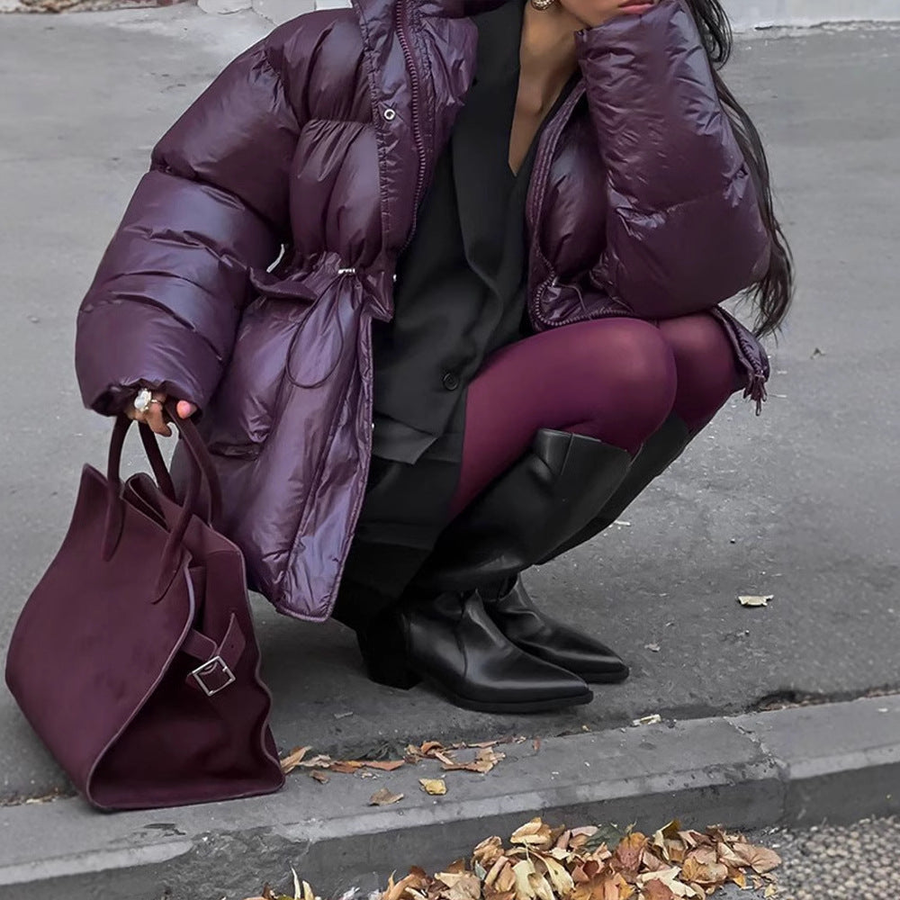Damen Oversized Daunenjacke mit sichtbarem Steppdesign und hohem Kragen R&B