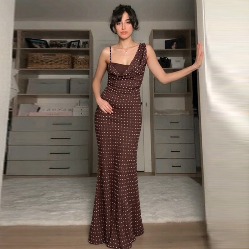 Damen Maxikleid mit asymmetrischem Ausschnitt und eingewR&Btem Punktedesign R&B