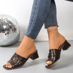 Damen offene Mules mit eleganter Schnallenverzierung und komfortablem Blockabsatz R&B