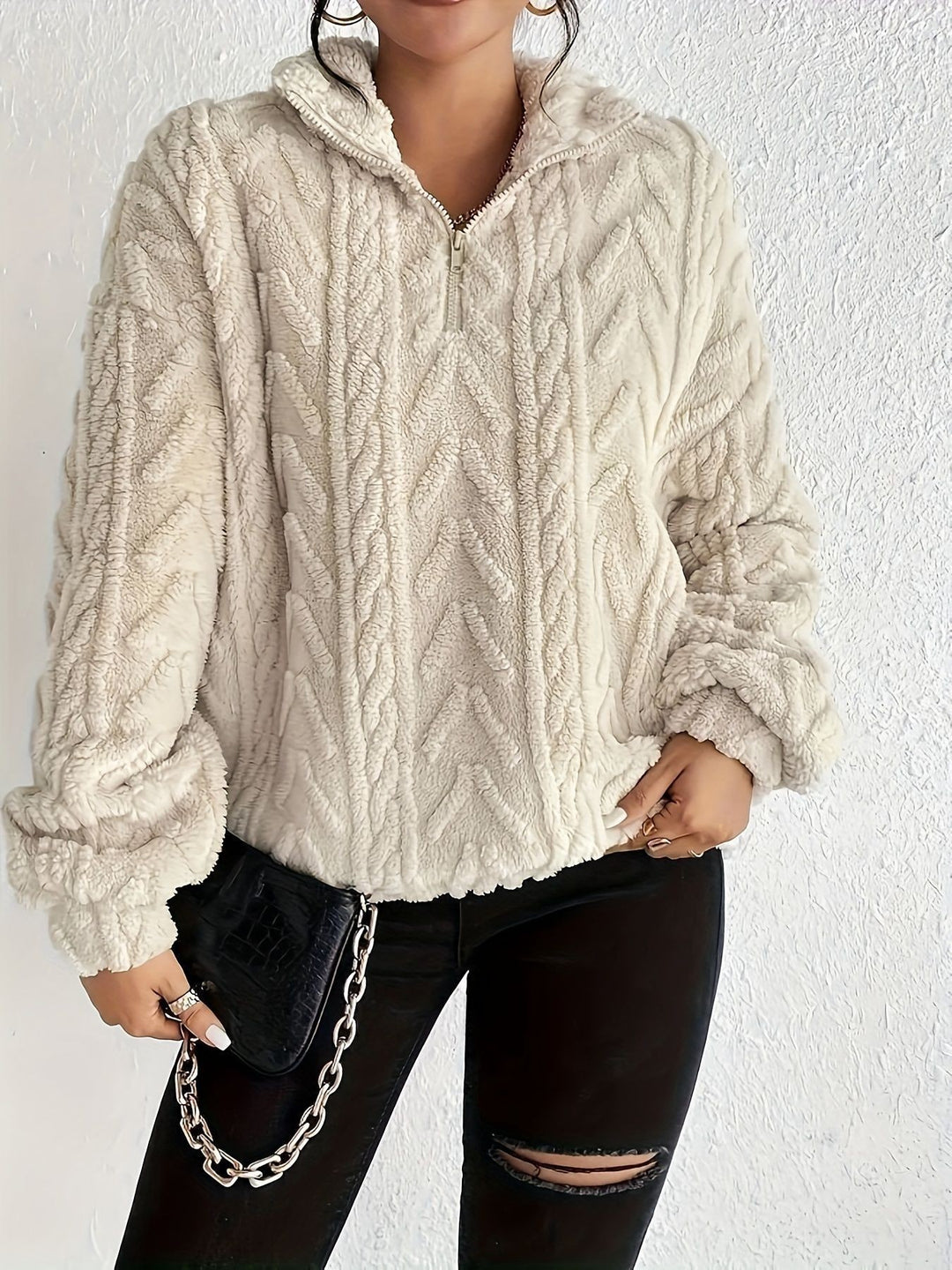 Damen Kuscheliger Fleece-Pullover mit hohem Kragen und Zipper-Detail R&B