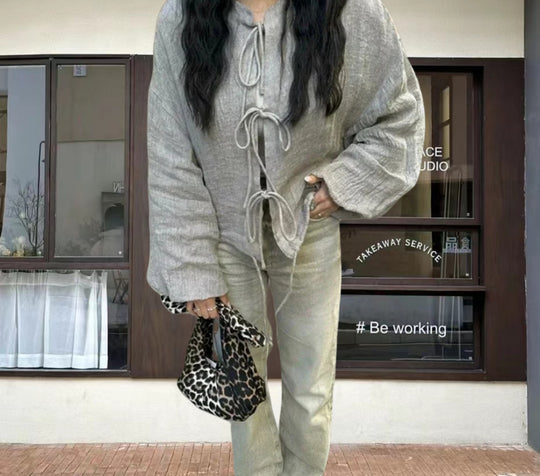 Damen leicht gefütterte Knitjacke mit Kordelzug und weiten Ärmeln R&B