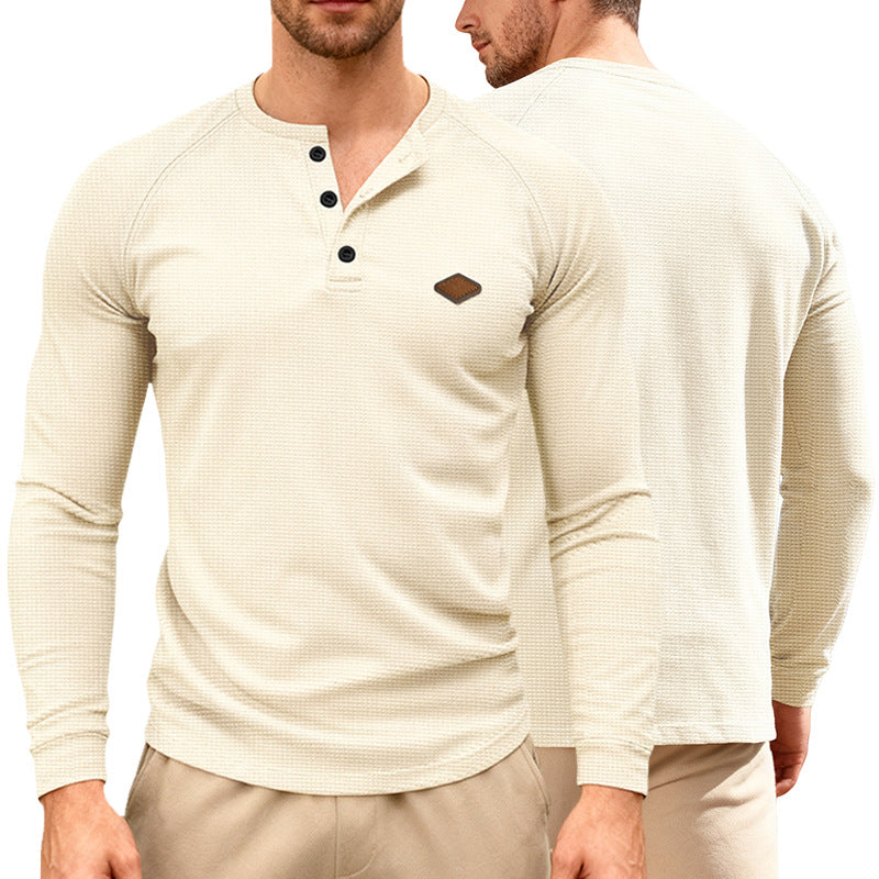 Herren nan Waffelstrick-Henley Langarmshirt mit Raglanärmeln, Halbknopfleiste und Lederlabel R&B