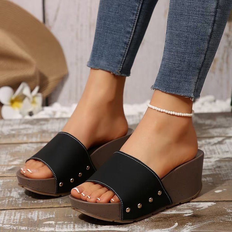 Damen modische Wedge-Pantoletten mit stilechtem Leopardenmuster und bequemer Sohle R&B