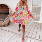 Damen nan Luftiges Stufenkleid im Patchwork-Boho-Stil mit Stehkragen, geraffter Taillennaht und Dreiviertelärmeln R&B