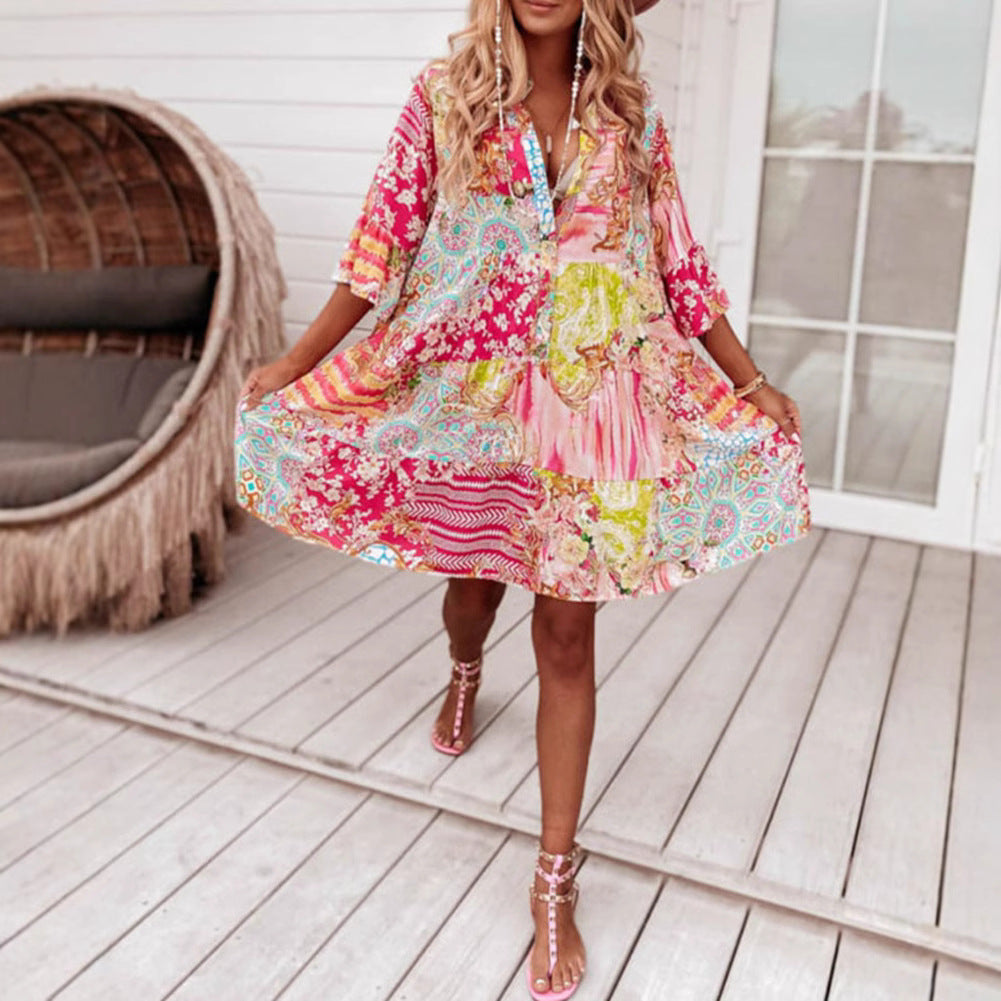 Damen nan Luftiges Stufenkleid im Patchwork-Boho-Stil mit Stehkragen, geraffter Taillennaht und Dreiviertelärmeln R&B