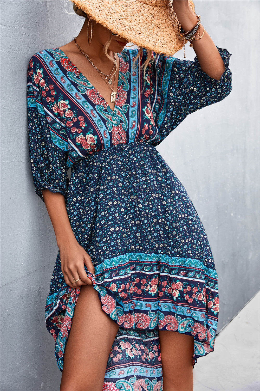 Damen Langarmkleid mit boho-inspiriertem Druck und elastischem Bund R&B