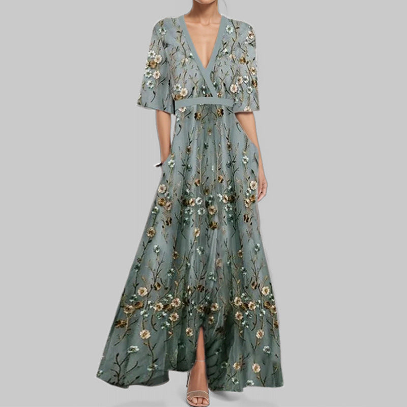 R&B | Elegantes V-Ausschnitt Bedrucktes Taillenkleid mit Schößchen