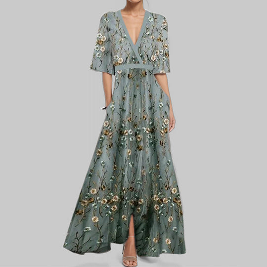 R&B | Elegantes V-Ausschnitt Bedrucktes Taillenkleid mit Schößchen
