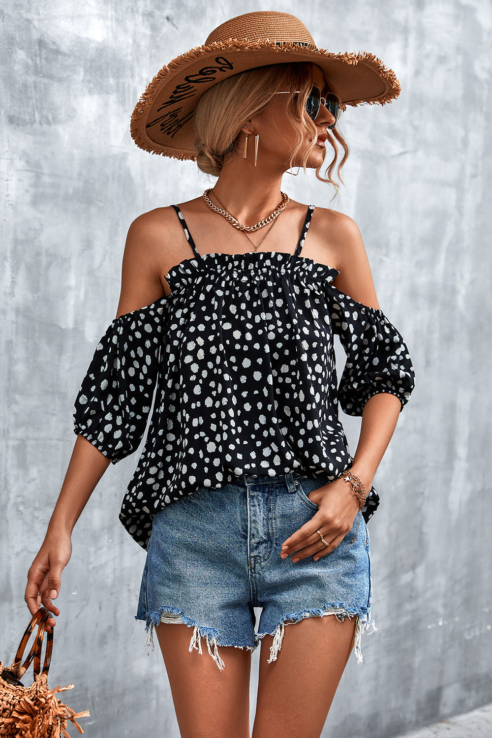 Damen Off-Shoulder Bluse mit verspieltem Punktemuster und luftigen Puffärmeln R&B