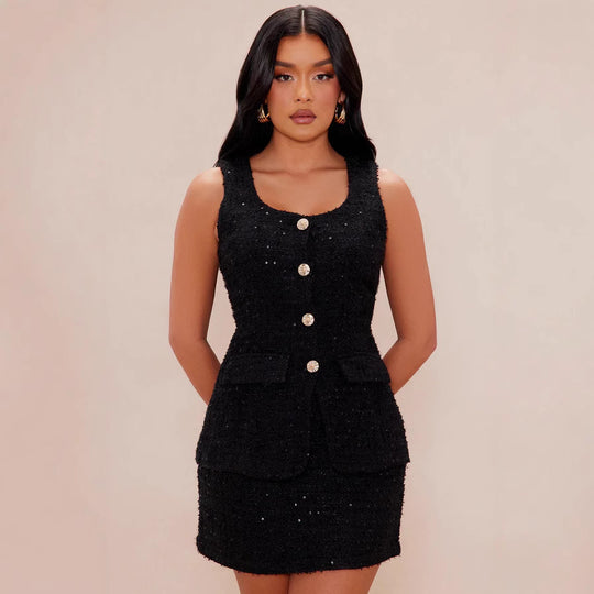 Damen Tweed Mini-Kleid mit zeitlosen Knopfdetails und eleganter Silhouette R&B