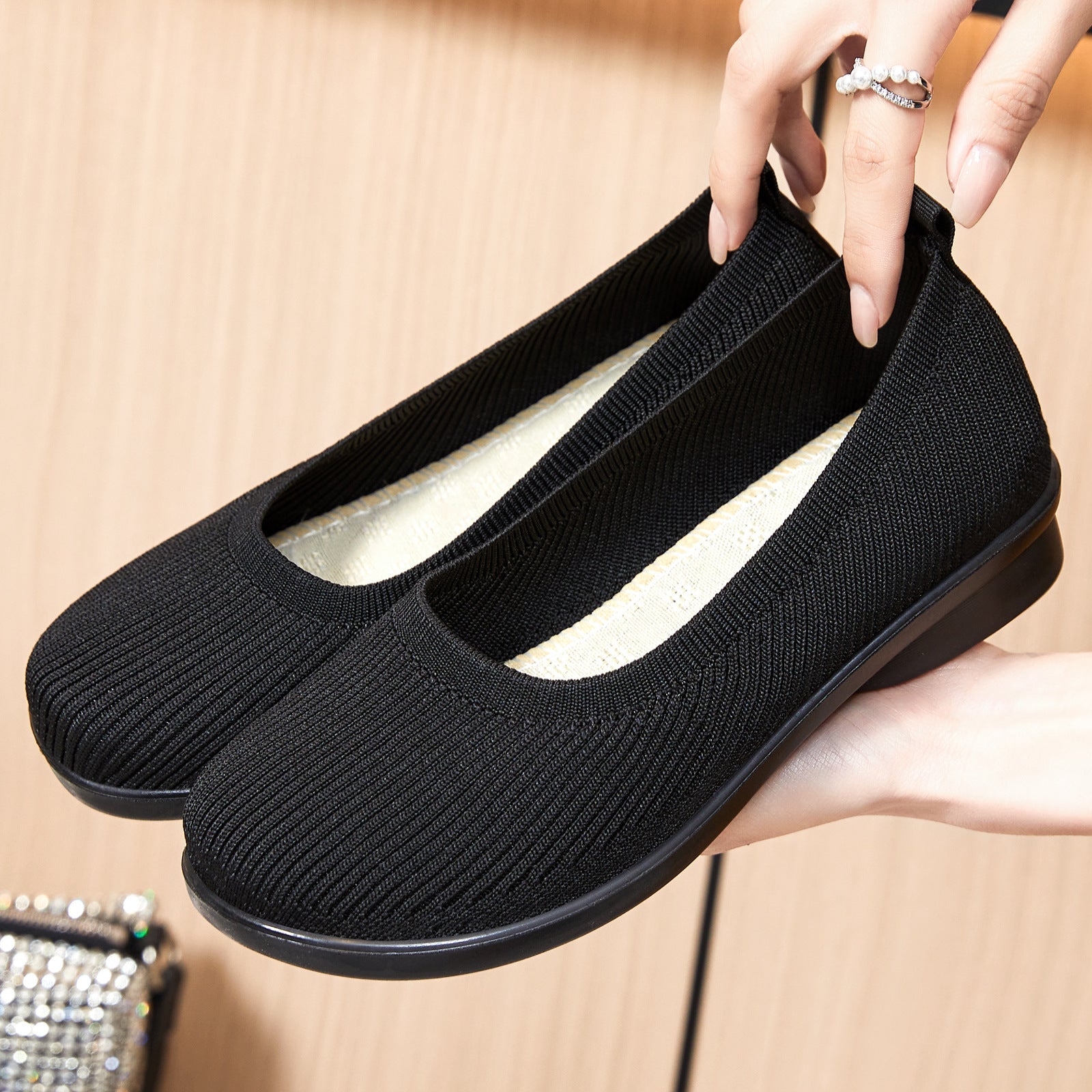 Damen Bequeme Strick-Ballerinas mit elastischem Einstieg R&B