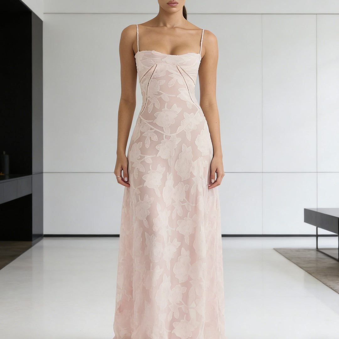 Damen Elegantes Abendkleid mit floralem Oberteil und schmalen Spaghetti-Trägern R&B