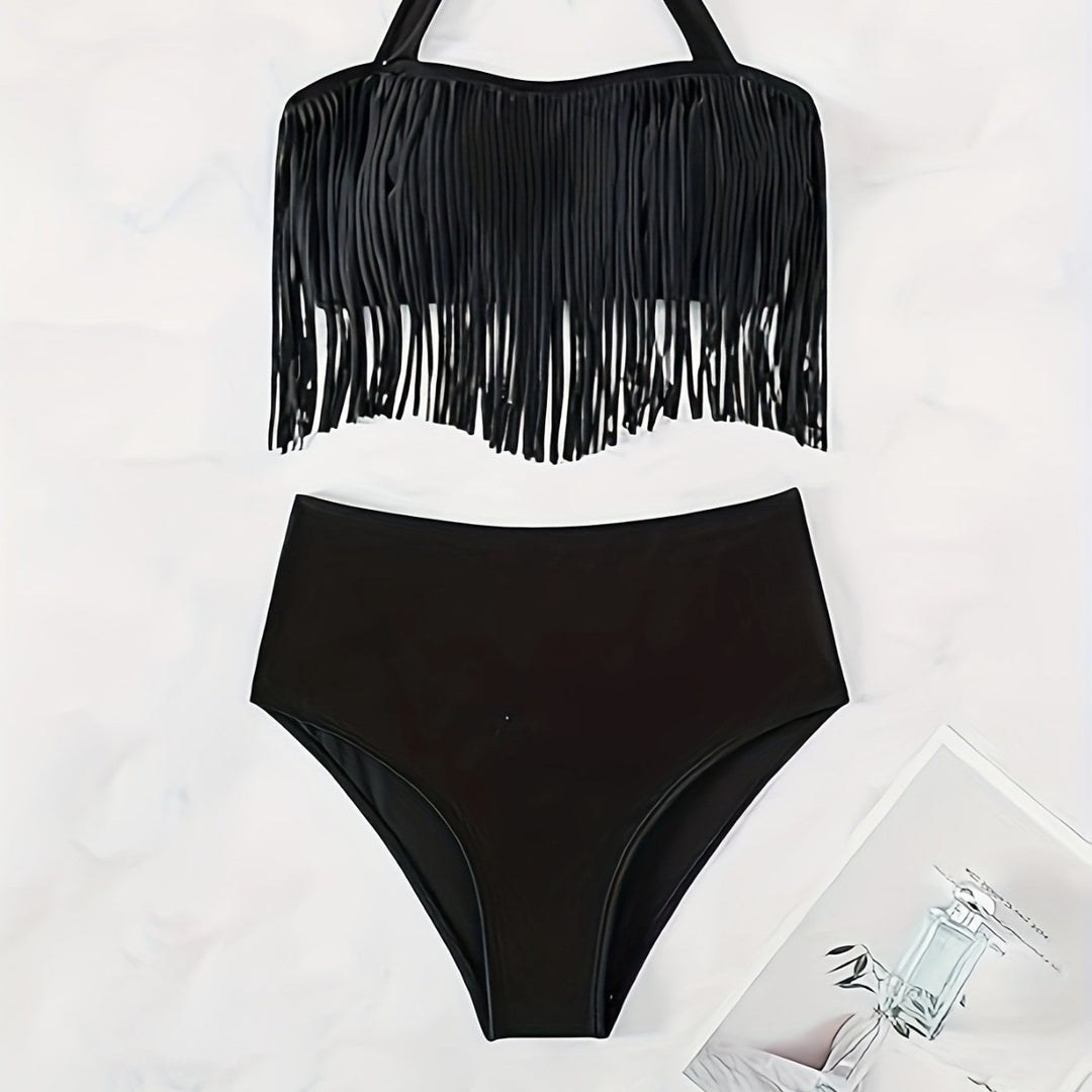 Damen Bikiniset mit fransigem Oberteil und hoch taillierter Hose R&B
