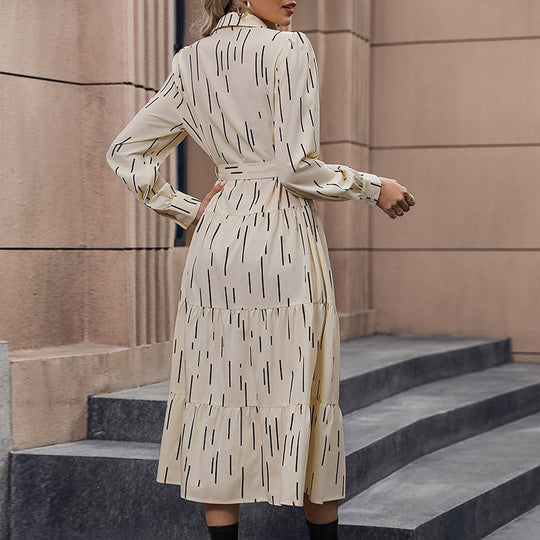 Damen Langarmhemdkleid mit Bindegürtel und modischem Print R&B