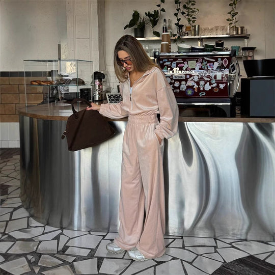 Damen Eleganter Fleece-Jumpsuit mit hohem Kragen und weit geschnittenen Beinen R&B