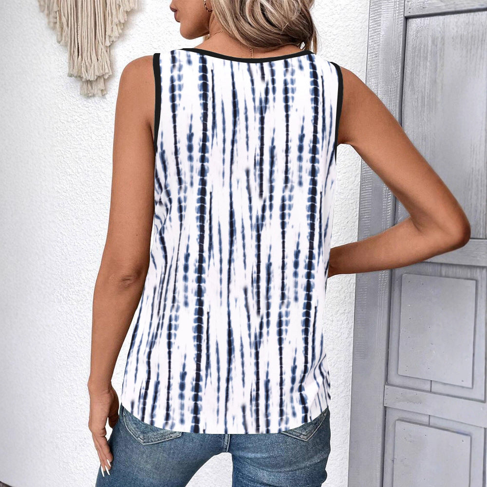 Damen nan ärmelloses V-Ausschnitt-Top mit Spitzenbesatz und vertikalem Batikprint R&B