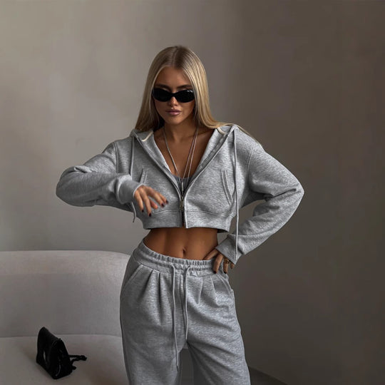 Damen stylisches Crop-Set aus Kapuzenpullover und bequemen Jogginghosen R&B