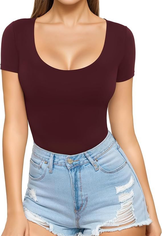 Damen figurbetontes Kurzarm-Body mit rundem Ausschnitt und nahtlosem Design R&B
