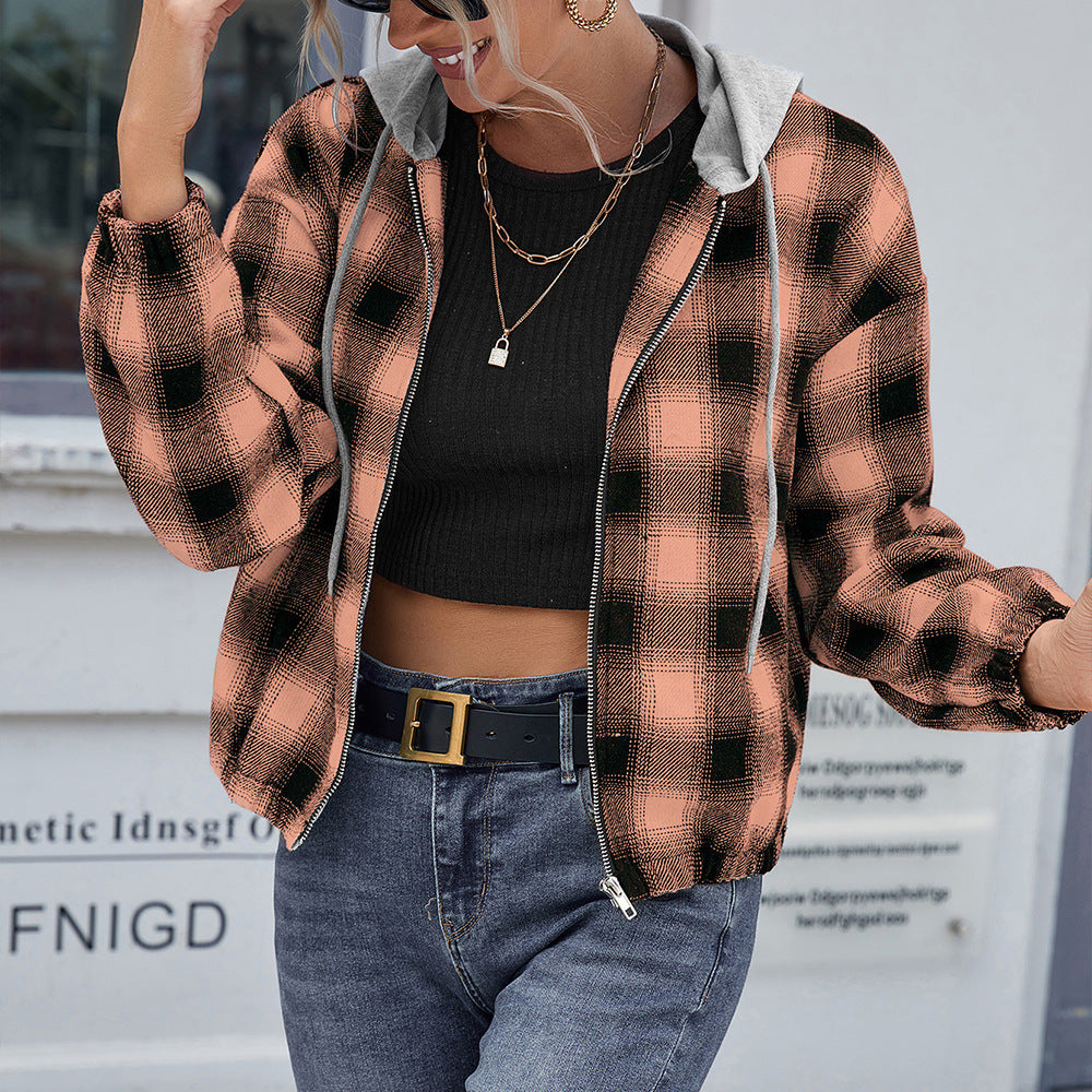 Damen lässige Baumwolljacke mit Karomuster und Kapuze R&B